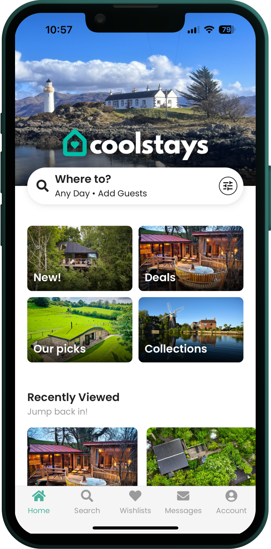 Mobile phone screenshot of Coolstays app homepage