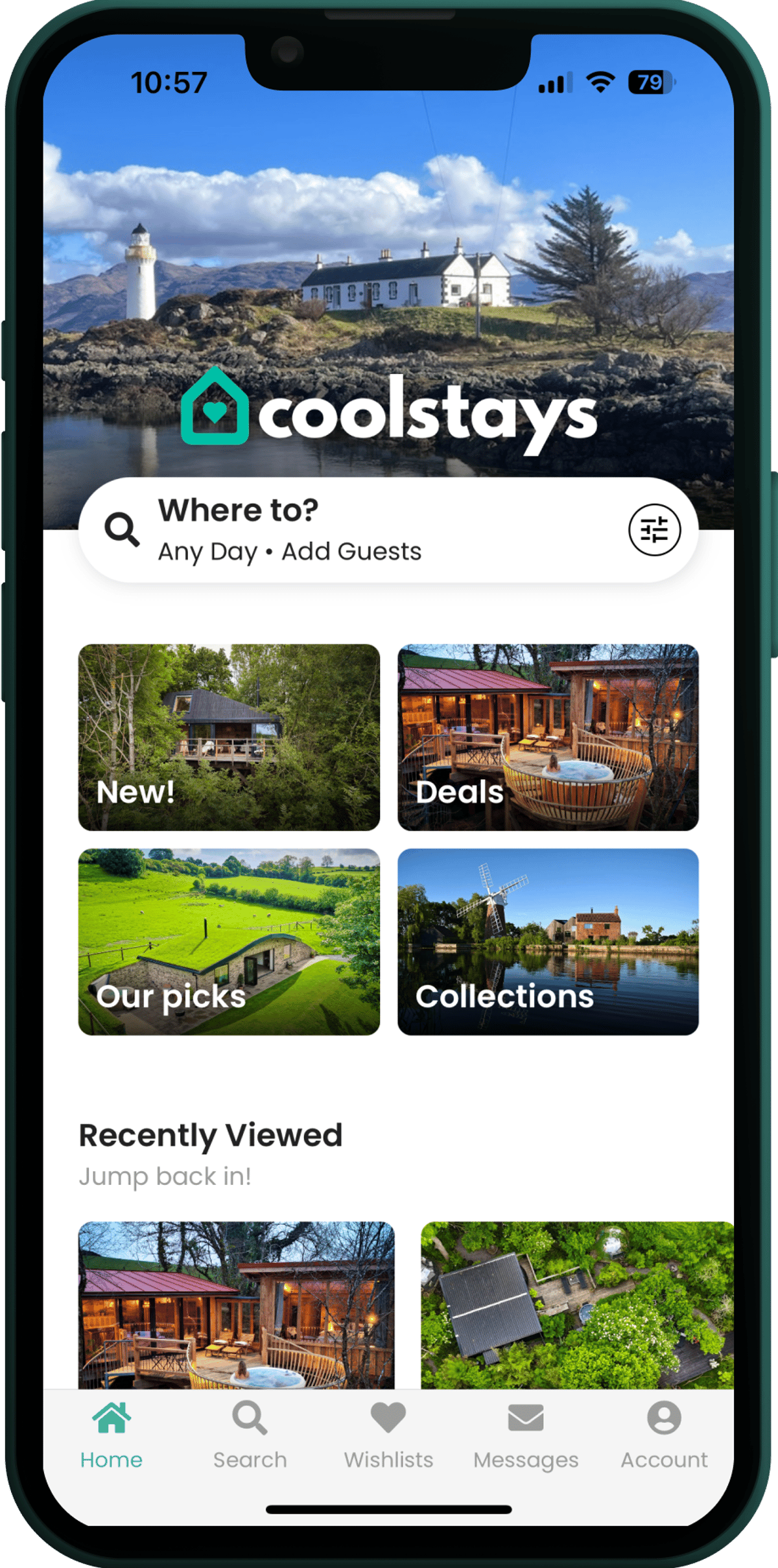 Mobile phone screenshot of Coolstays app homepage